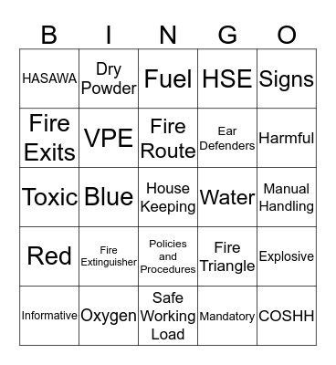 Health and Safety Bingo Card