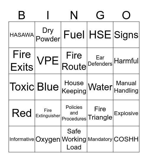 Health and Safety Bingo Card