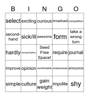 Active Red-1, Units 1-6 Vocabulary Review Bingo Card