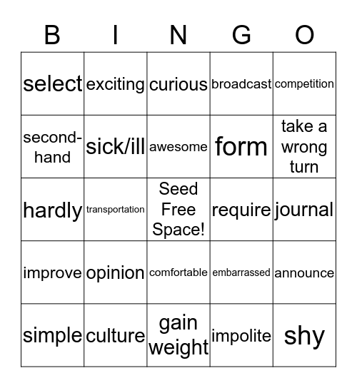 Active Red-1, Units 1-6 Vocabulary Review Bingo Card