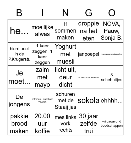 Jo, waar liggen mijn sokken BINGO Card