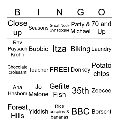 Bubbie & Zaides Anniversary Bingo Card