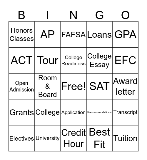 College Bingo Card