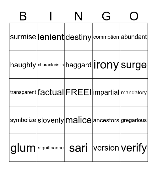 Vocabulary Wk 1-6 Bingo Card