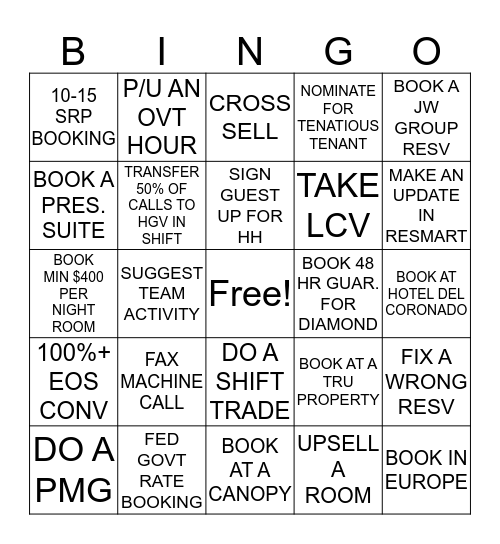 RESERVATION AGENT BINGO  Bingo Card