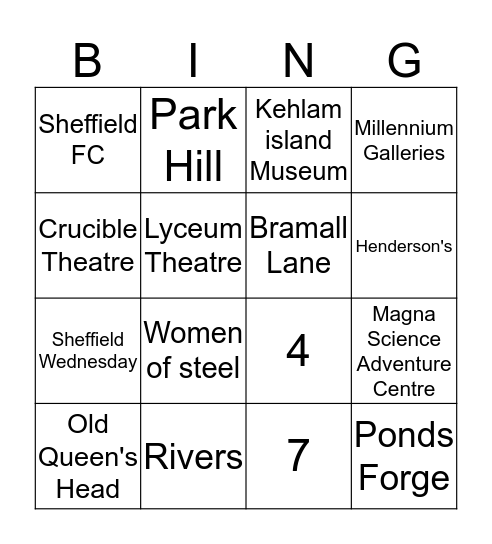 Sheffield Bingo  Bingo Card