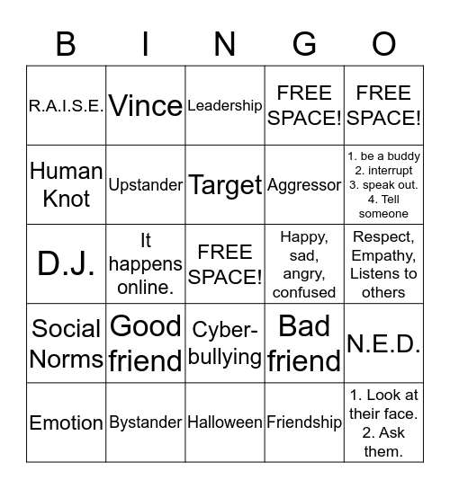 R.A.I.S.E. Bingo Card