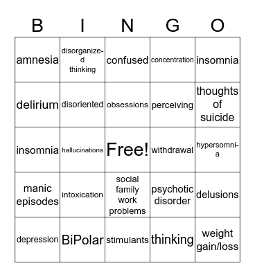 Substance Induced mental health symtpoms Bingo Card
