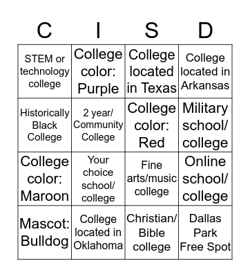 Dallas Park College Night Bingo Card