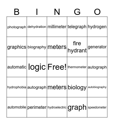 Greek Roots and Combining Forms Bingo Card