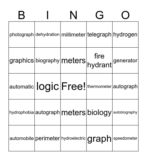 Greek Roots and Combining Forms Bingo Card