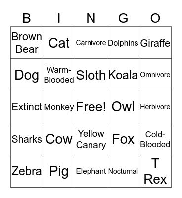Animal Lovers  Bingo Card