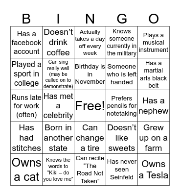 WFSM 1st Floor Thanksgiving "Get To Know You" Bingo Card