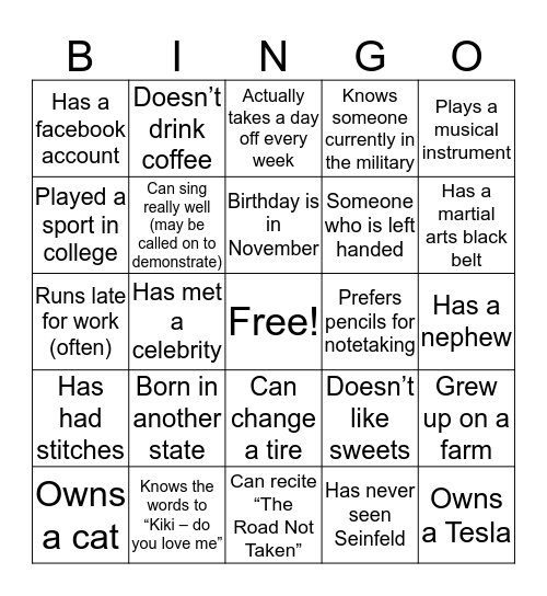 WFSM 1st Floor Thanksgiving "Get To Know You" Bingo Card