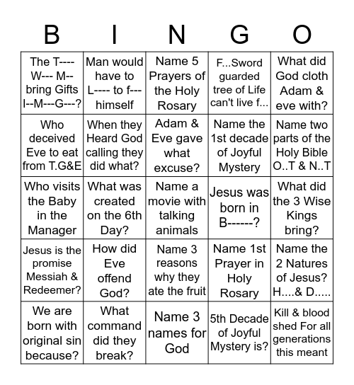 ADAM & EVE & JOYFUL MYSTERIES Bingo Card