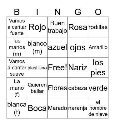 Spanish Vocab Bingo Card