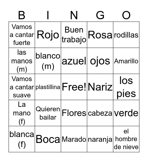 Spanish Vocab Bingo Card