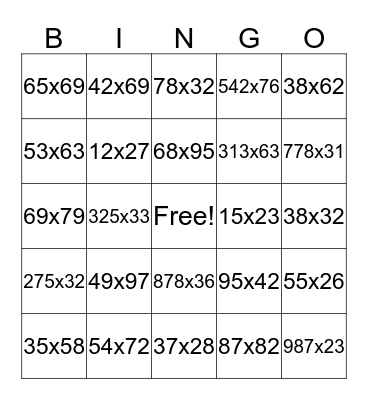 Multiplication Bingo Card