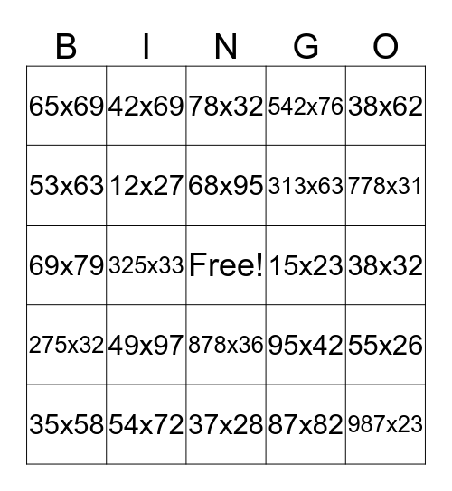Multiplication Bingo Card