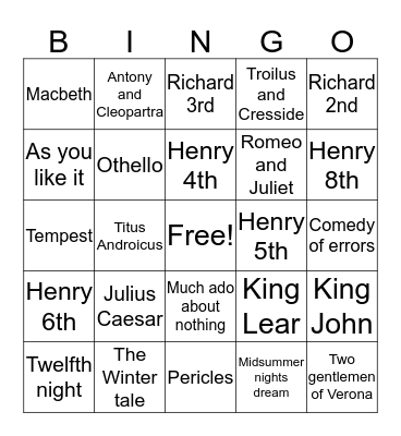 Shakespeare's plays Bingo Card