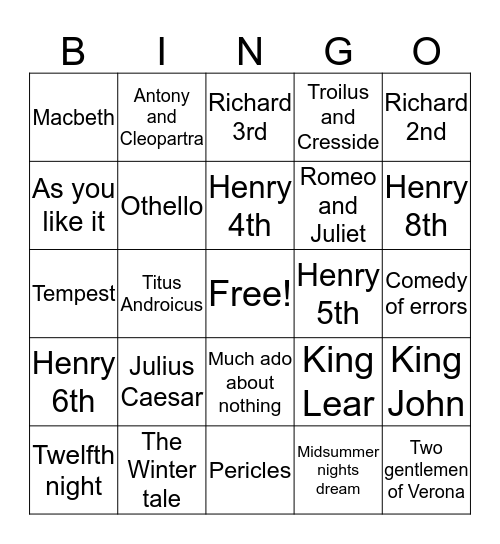 Shakespeare's plays Bingo Card