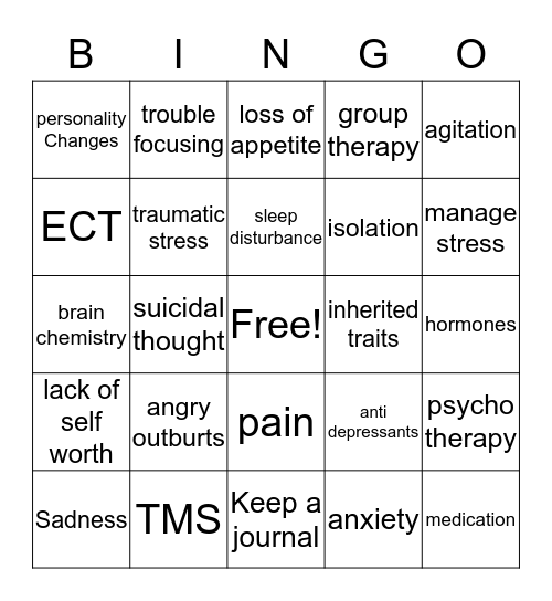 Depression Bingo Card