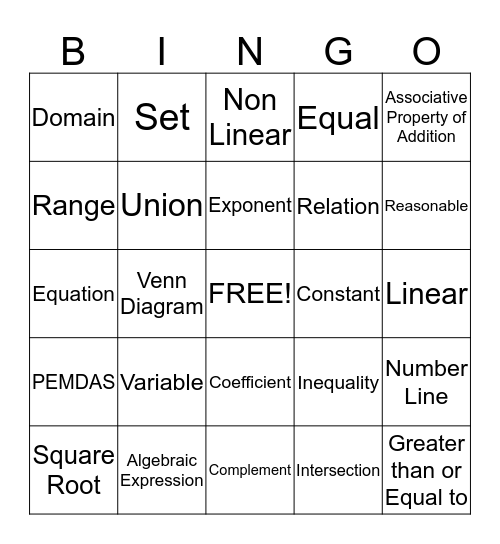 Algebra Bingo Card