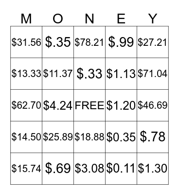 MONEY BINGO Card