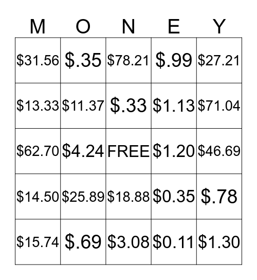 MONEY BINGO Card