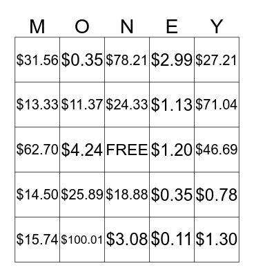 MONEY BINGO Card