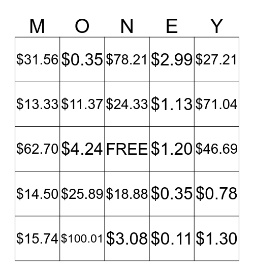 MONEY BINGO Card