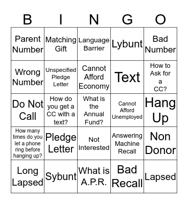 Phonathon Bingo Card