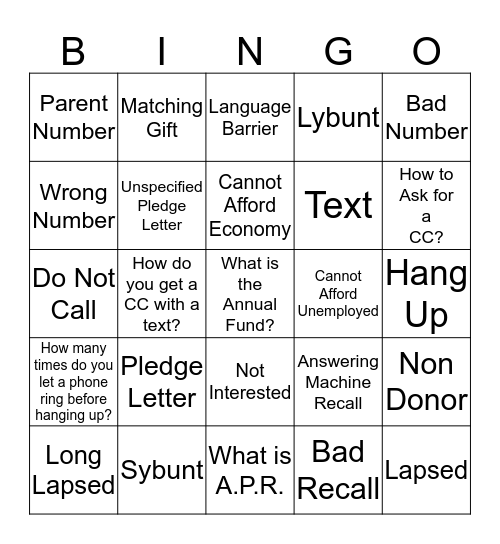 Phonathon Bingo Card