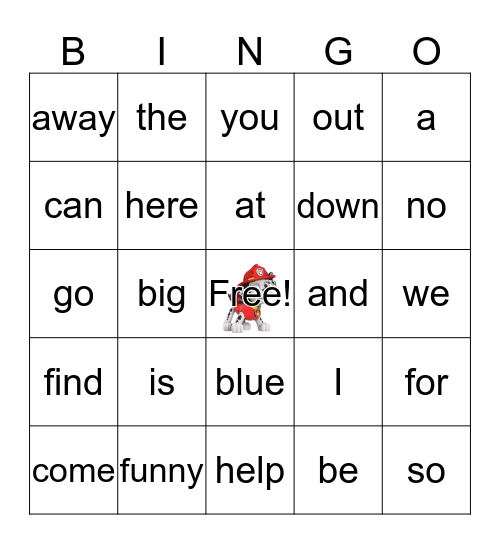 Sight Word Bingo Card