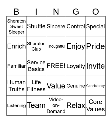Sheraton Bingo - Game 3 Bingo Card