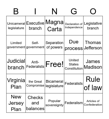 Founding  Principles Bingo Card