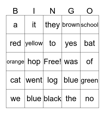 Sight Word Bingo Card
