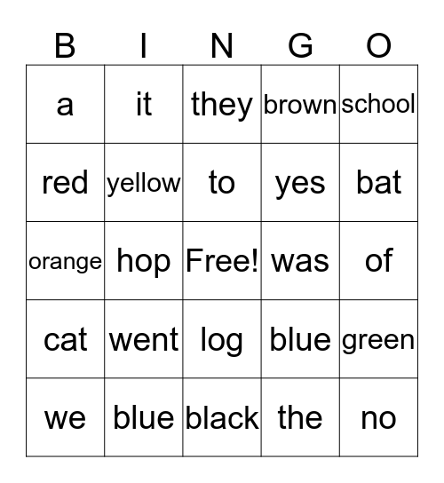 Sight Word Bingo Card