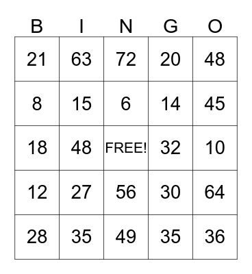Multiplication Bingo Card