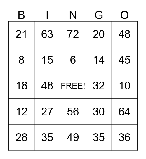 Multiplication Bingo Card