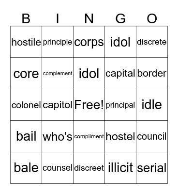 Homophones Bingo Card