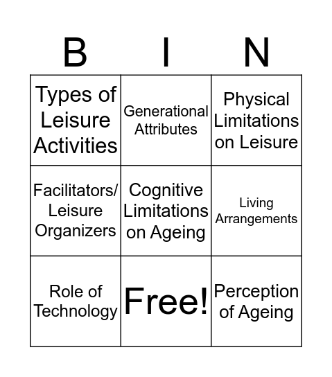 Mature Adulthood Bingo Card