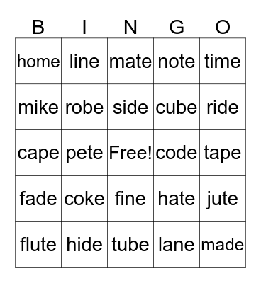 Magic E Bingo Card