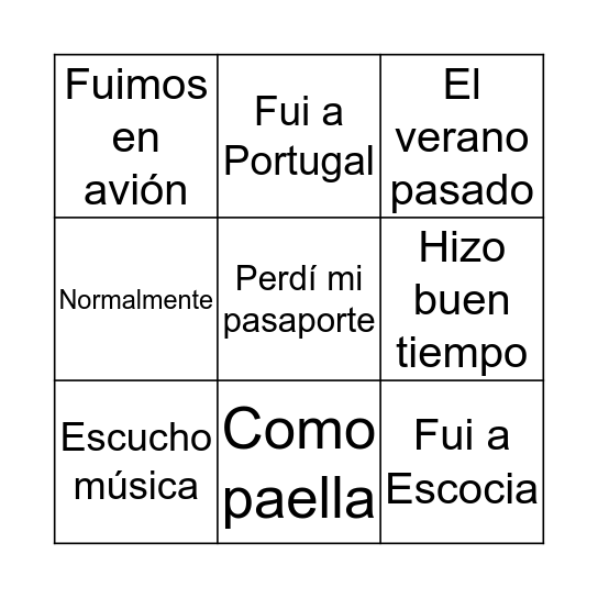 Las Vacaciones Bingo Card