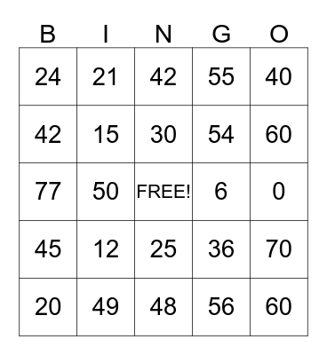 Multiplication Bingo 5's to 7's Bingo Card
