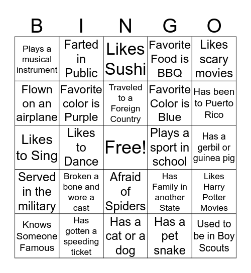 Getting to Know You Bingo Card