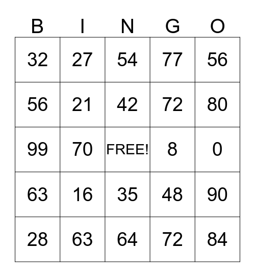 Multiplication Bingo 7's to 9's Bingo Card
