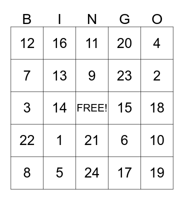 Number Bingo Card