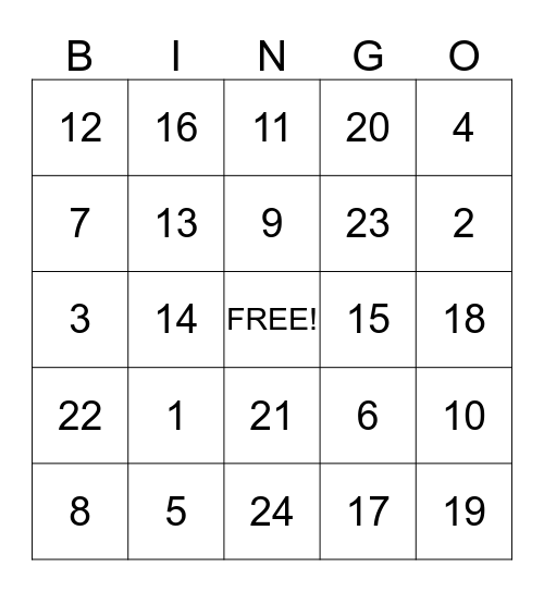 Number Bingo Card
