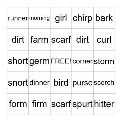 Bossy R Words Bingo Card